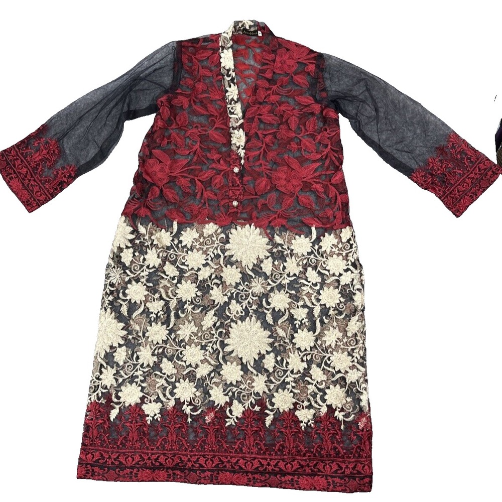 AghaNoor Sheer Overlay Dress Small Embroidered Lace Floral Whimsy Goth Boho Art